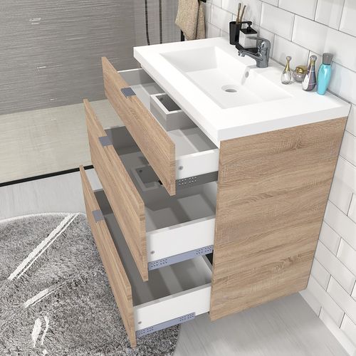 Meuble Sous-vasque 3 Tiroirs Marbella 80 Cm + Vasque + Miroir / Décor Chêne Blanchi