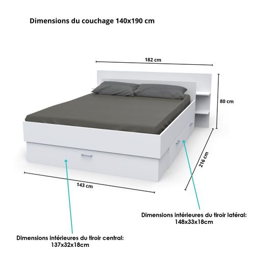Lit Samba 140x190cm + Tête De Lit + 2 Tiroirs / Blanc