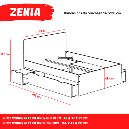Lit Double Zenia 140x190 + 2 Chevets + 2 Tiroirs / Décor Chêne Blanchi