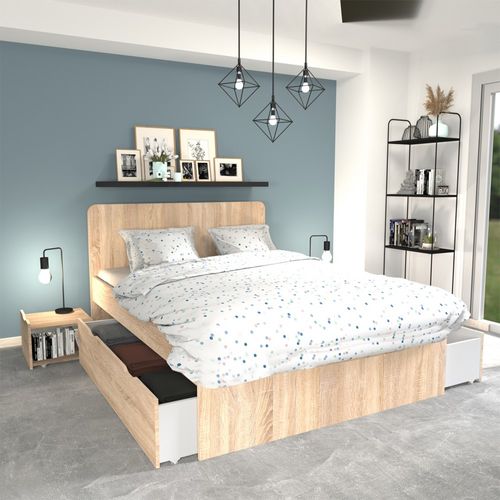 Lit Double Zenia 140x190 + 2 Chevets + 2 Tiroirs / Décor Chêne Blanchi