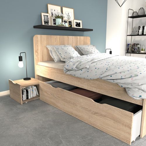 Lit Double Zenia 140x190 + 2 Chevets + 2 Tiroirs / Décor Chêne Blanchi