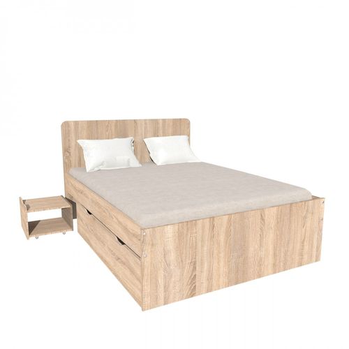 Lit Double Zenia 140x190 + 2 Chevets + 2 Tiroirs / Décor Chêne Blanchi