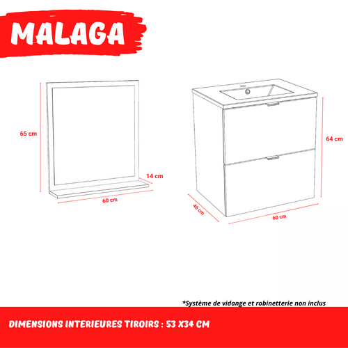 Meuble Sous-vasque 2 Tiroirs Malaga 60 Cm + Vasque + Miroir / Chêne Blanchi