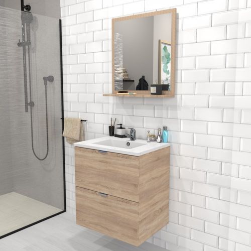 Meuble Sous-vasque 2 Tiroirs Malaga 60 Cm + Vasque + Miroir / Chêne Blanchi