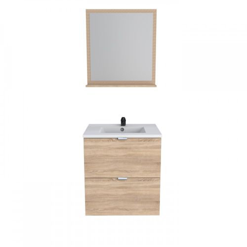 Meuble Sous-vasque 2 Tiroirs Malaga 60 Cm + Vasque + Miroir / Chêne Blanchi