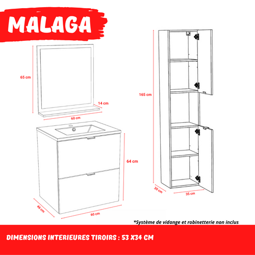 Meuble Sous Vasque Malaga 60 Cm + Vasque + Miroir + Colonne / Chêne Blanchi