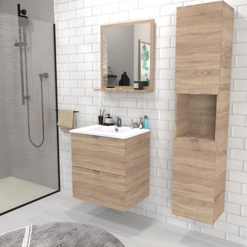 Meuble Sous Vasque Malaga 60 Cm + Vasque + Miroir + Colonne / Chêne Blanchi