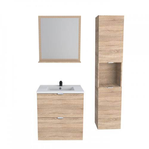Meuble Sous Vasque Malaga 60 Cm + Vasque + Miroir + Colonne / Chêne Blanchi