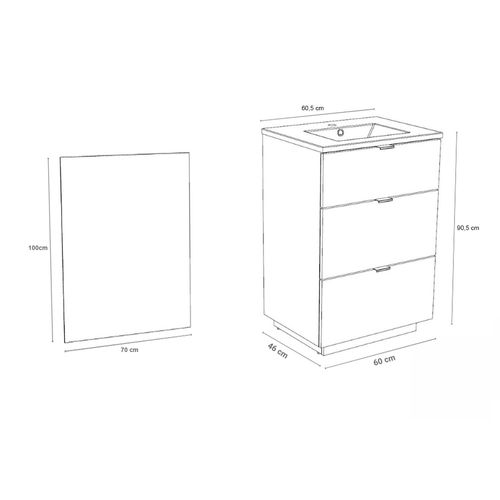 Meuble Sous-vasque 3 Tiroirs Marbella 60 Cm + Vasque + Miroir / Décor Chêne Blanchi