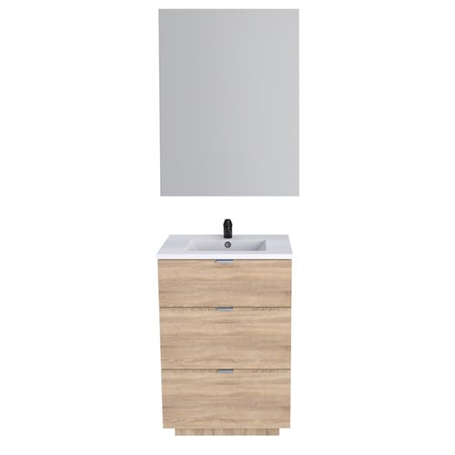 Meuble Sous-vasque 3 Tiroirs Marbella 60 Cm + Vasque + Miroir / Décor Chêne Blanchi