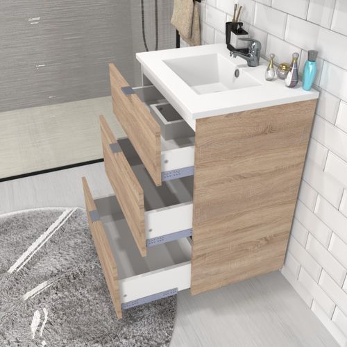 Meuble Sous-vasque 3 Tiroirs Marbella 60 Cm + Vasque + Miroir / Décor Chêne Blanchi
