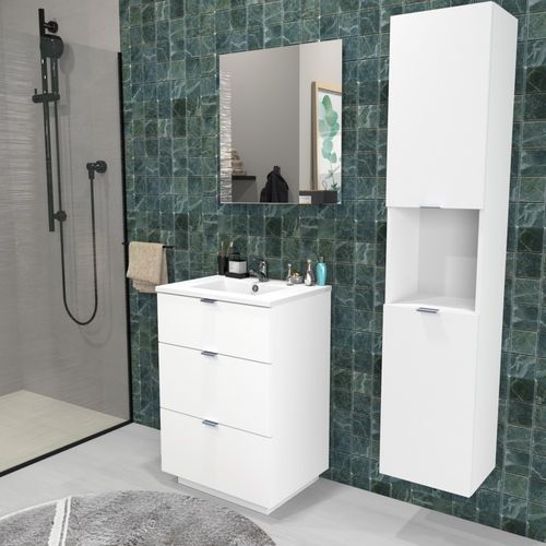 Meuble Sous Vasque Marbella 60 Cm + Vasque + Miroir + Colonne / Blanc