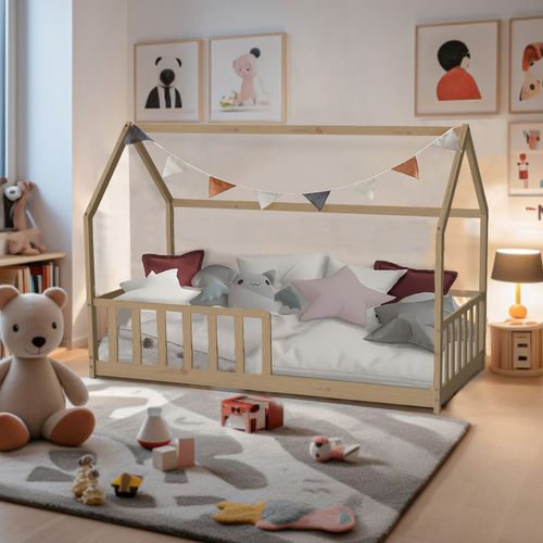 Lit Cabane Kiwi 90x190 + 1 Sommier + Barrière /naturel