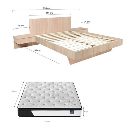 Lit Cool 140x190 Cm + 2 Chevets + Sommier + Matelas Cassie / Décor Chêne Blanchi