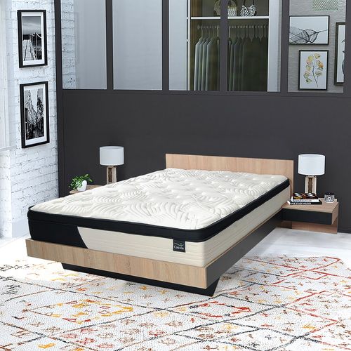 Lit Cool 140x190 Cm + 2 Chevets + Sommier + Matelas Cassie / Décor Chêne Blanchi et Noir