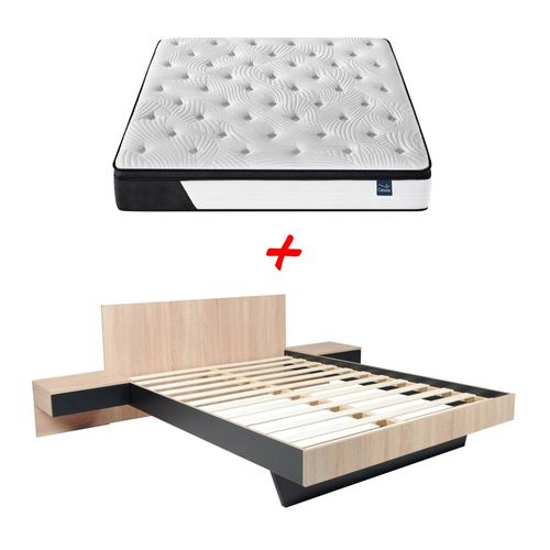 Lit Cool 140x190 Cm + 2 Chevets + Sommier + Matelas Cassie / Décor Chêne Blanchi et Noir