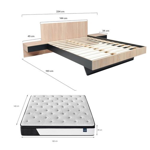 Lit Cool 140x190 Cm + 2 Chevets + Sommier + Matelas Cassie / Décor Chêne Blanchi et Noir
