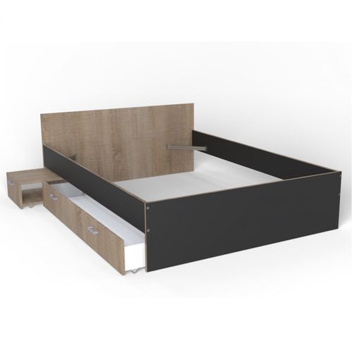 Lit Twist 140x190+  1 Chevet + 1 Tiroir / Décor Noir Et Chêne Blanchi