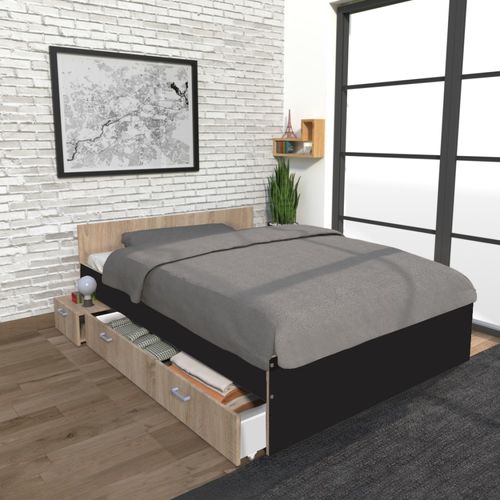 Lit Twist 140x190+  1 Chevet + 1 Tiroir / Décor Noir Et Chêne Blanchi