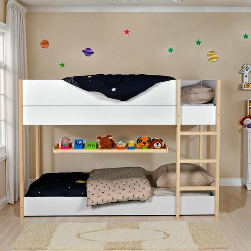 Lit Superpose 90x190 Bob + 2 Sommiers / Blanc Et Bois Clair