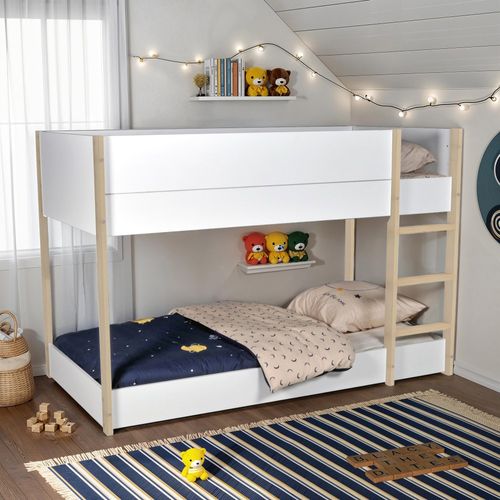 Lit Superpose 90x190 Bob + 2 Sommiers / Blanc Et Bois Clair