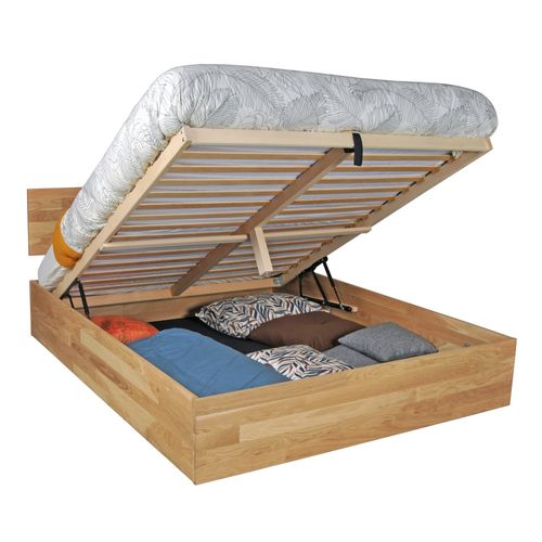 Lit Coffre 180x200cm Milo Avec Tête De Lit + Sommier/ Chêne Massif Huilé