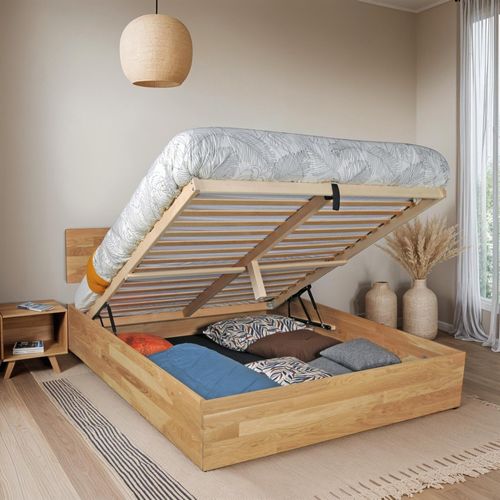 Lit Coffre 180x200cm Milo Avec Tête De Lit + Sommier/ Chêne Massif Huilé