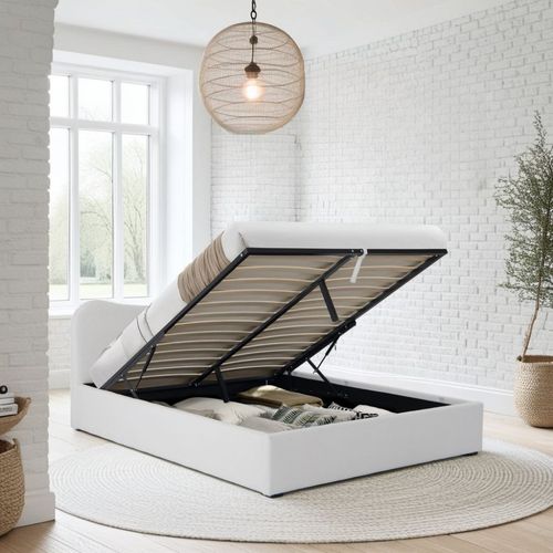 Lit Coffre 140x190 Cm Cocoon+ Sommier / Tissu Bouclette Blanc