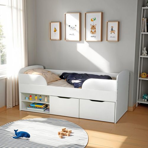 Lit Mi-hauteur 90x190 Cm Elio Avec Sommier Et Rangements / Blanc