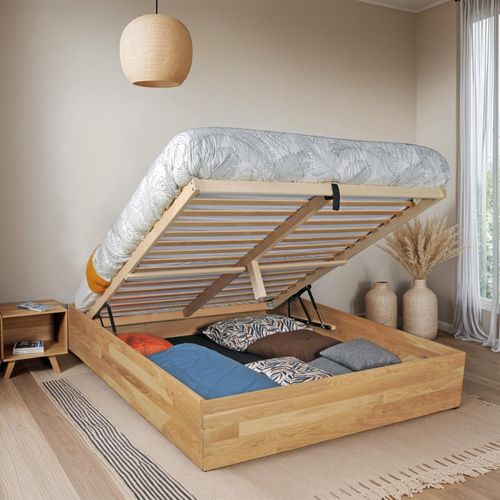 Lit Coffre 140x200cm Ben + Sommier/ Chêne Massif Huilé