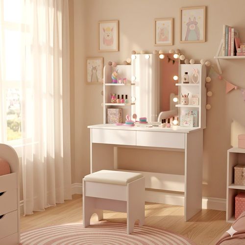 Coiffeuse XXL Pour Enfants Avec Tabouret Et Miroir - Bois, 2 Tiroirs, à Monter