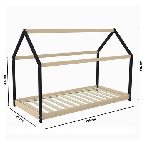 Lit Cabane Panda2 90x190 Cm + 1 Sommier / Noir Et Bois Clair