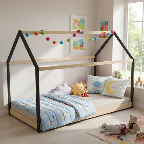 Lit Cabane Panda2 90x190 Cm + 1 Sommier / Noir Et Bois Clair