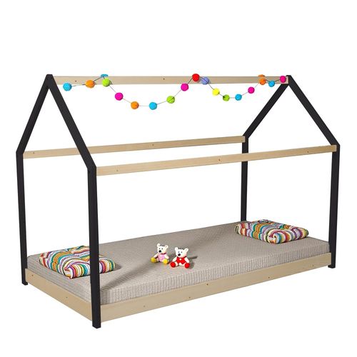 Lit Cabane Panda2 90x190 Cm + 1 Sommier / Noir Et Bois Clair
