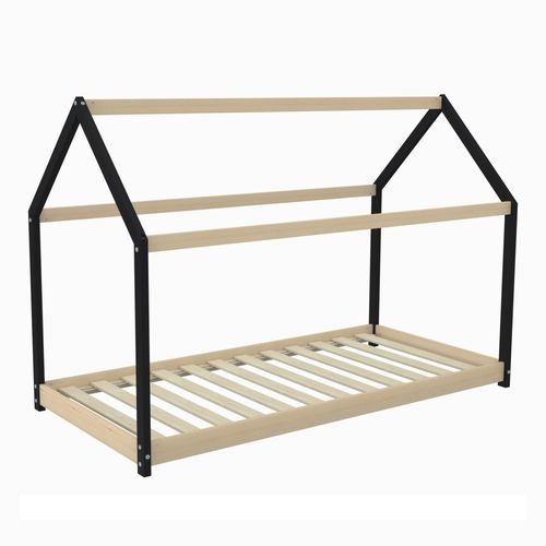 Lit Cabane Panda2 90x190 Cm + 1 Sommier / Noir Et Bois Clair