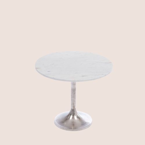 Bout De Canapé Tulipe En Métal Argenté Et Marbre Blanc D55 - Plaka