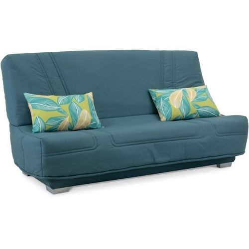 Comfort Bultex Banquette Clic-clac - 3 Places - Tissu Bleu + Coussins Déco Jungle