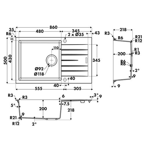 Évier Granit Gris Albey 1 Grand Bac - 1 Petit Égouttoir