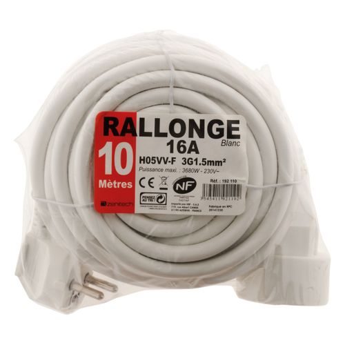 Prolongateur 16a 2p+t Ho5vv-f 3g1,5mm² - Blanc 10m - Zenitech