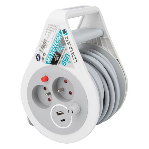 Mini Enrouleur 2 Prises 2p+t + 2 USB - 7m - Gris - Zenitech