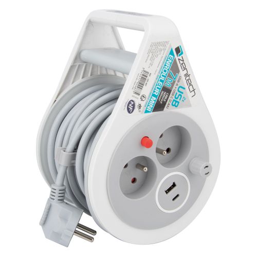 Mini Enrouleur 2 Prises 2p+t + 2 USB - 7m - Gris - Zenitech
