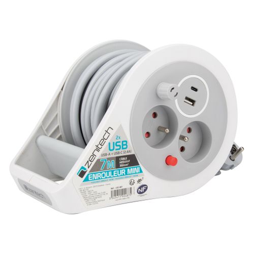 Mini Enrouleur 2 Prises 2p+t + 2 USB - 7m - Gris - Zenitech