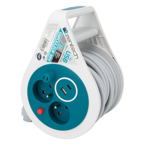 Mini Enrouleur 2 Prises P+t + 2 USB - 7m - Bleu - Zenitech
