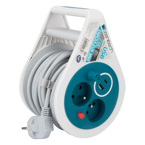 Mini Enrouleur 2 Prises P+t + 2 USB - 7m - Bleu - Zenitech