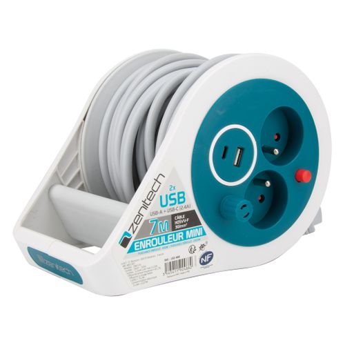 Mini Enrouleur 2 Prises P+t + 2 USB - 7m - Bleu - Zenitech