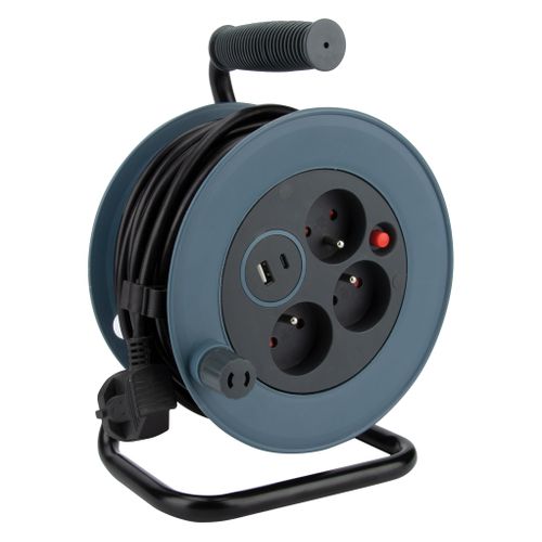 Enrouleur Compact 3 Prises + 2 USB C/a 12m - Gris - Zenitech