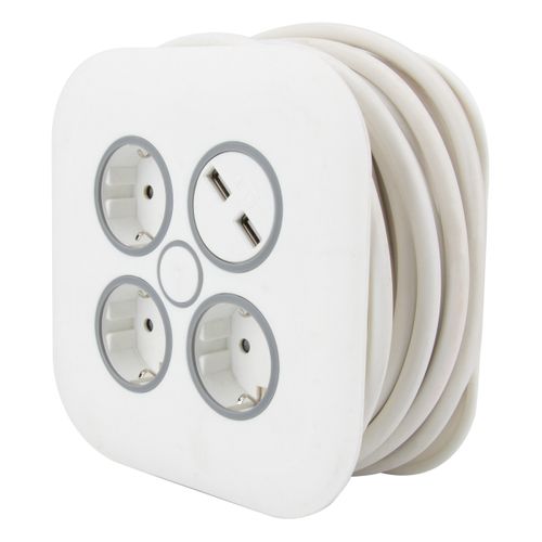 Enrouleur Domestique 3 Prises Schuko + 2 USB 2,4a 7m - Blanc - Zenitech