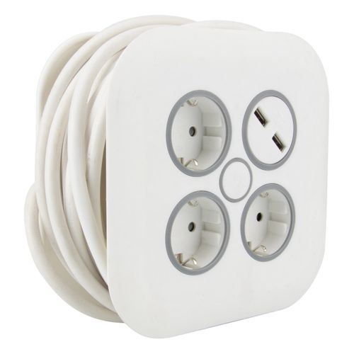Enrouleur Domestique 3 Prises Schuko + 2 USB 2,4a 7m - Blanc - Zenitech