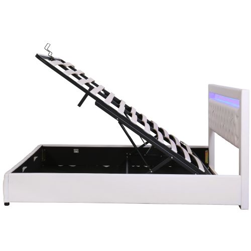 Lit Double Rembourré à LED 180x200 Avec Sommier à Lattes Et Coffre Hydraulique, En Pu Blanc