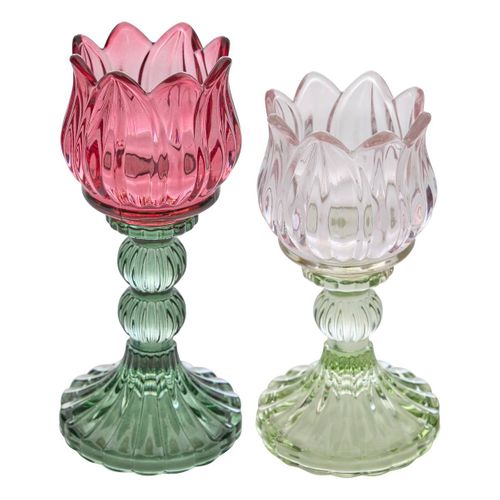 2 Photophores Fleurs Rose Et Blanche 8x8x17cm